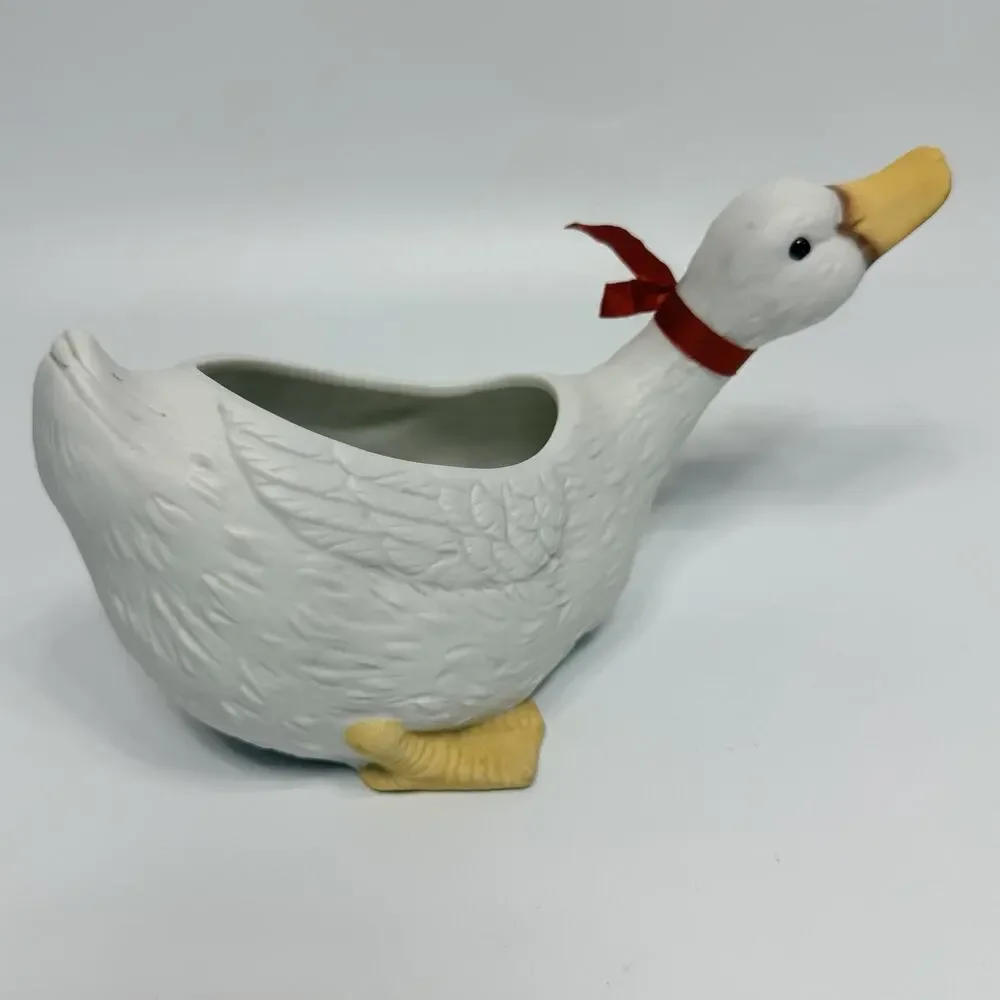 Vintage 1990s Bisque Porcelain Country Goose Planter Cottagcore Red Bow 8